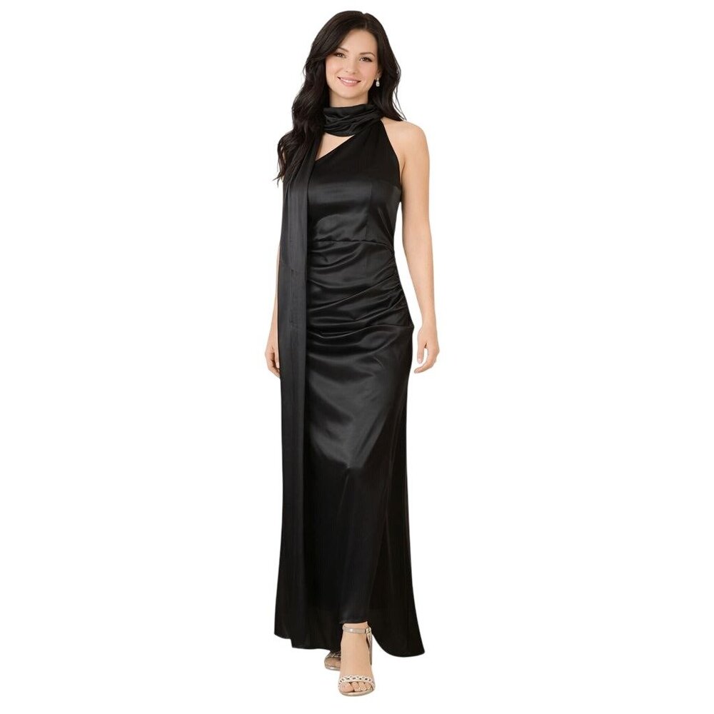 Miss Ord NEW Black One Shoulder Medium Satin Cocktail Dress Ruched Side Maxi